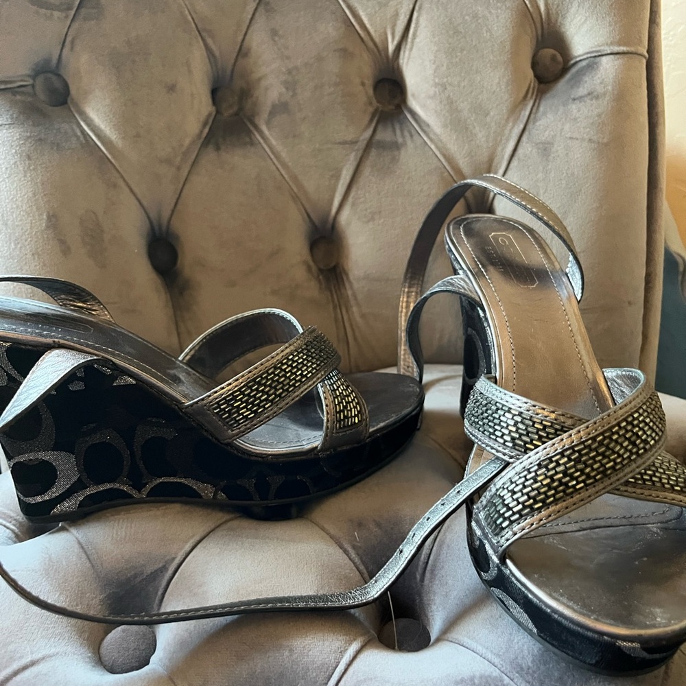 Coach Silver and Black Wedge Sandals with Sparkling Straps